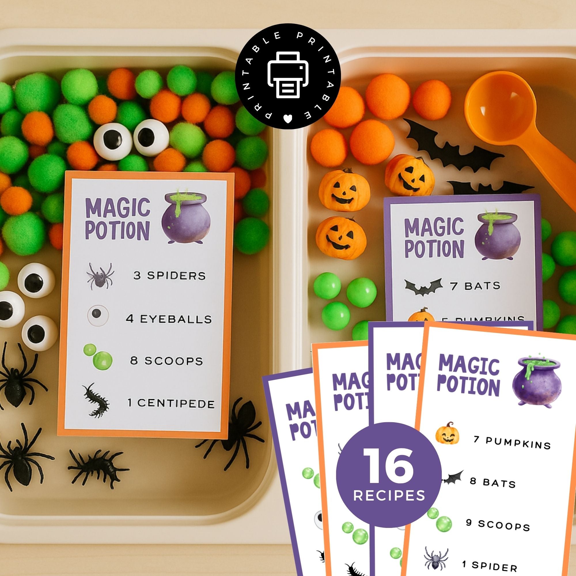 Magic Potion Sensory Bin Recipe Cards: Halloween Counting Activity